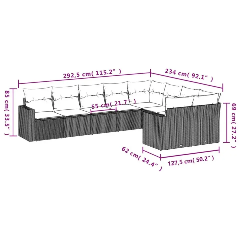 vidaXL Loungeset met kussens voor 9 personen - Grijs - Poly rattan