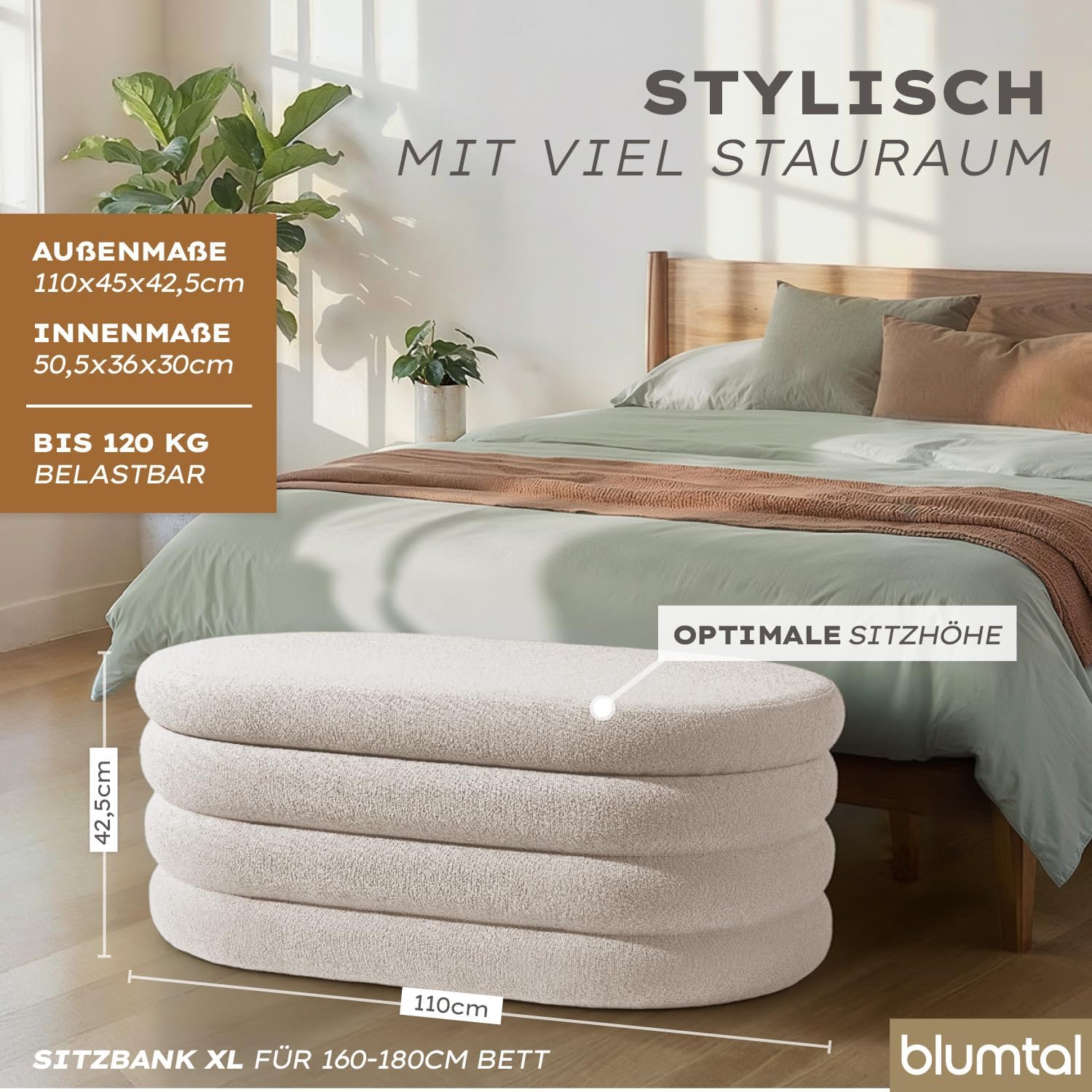 Blumtal Sitzbank mit Stauraum XL oval, Bouclé-Bezug - robuste Truhenbank mit Stauraum & Bouclé-Stoff-Bezug 110 x 45 x 42.5 cm - Truhe mit Stauraum - Schuhbank mit Sitzfläche - Pouf Hocker Creme