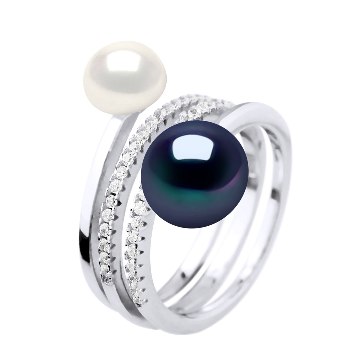 Bague DUO Perles d'Eau Douce 7 et 9 mm Noire et Blanche Joaillerie Argent 925