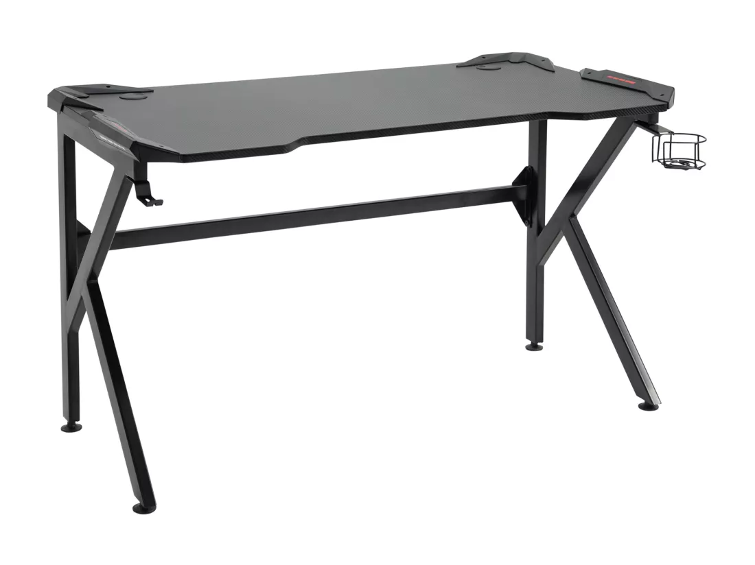 Bureau gaming bureau gamer bureau informatique support casque porte-gobelet passe-câbles inclus métal MDF texture fibre carbone noir