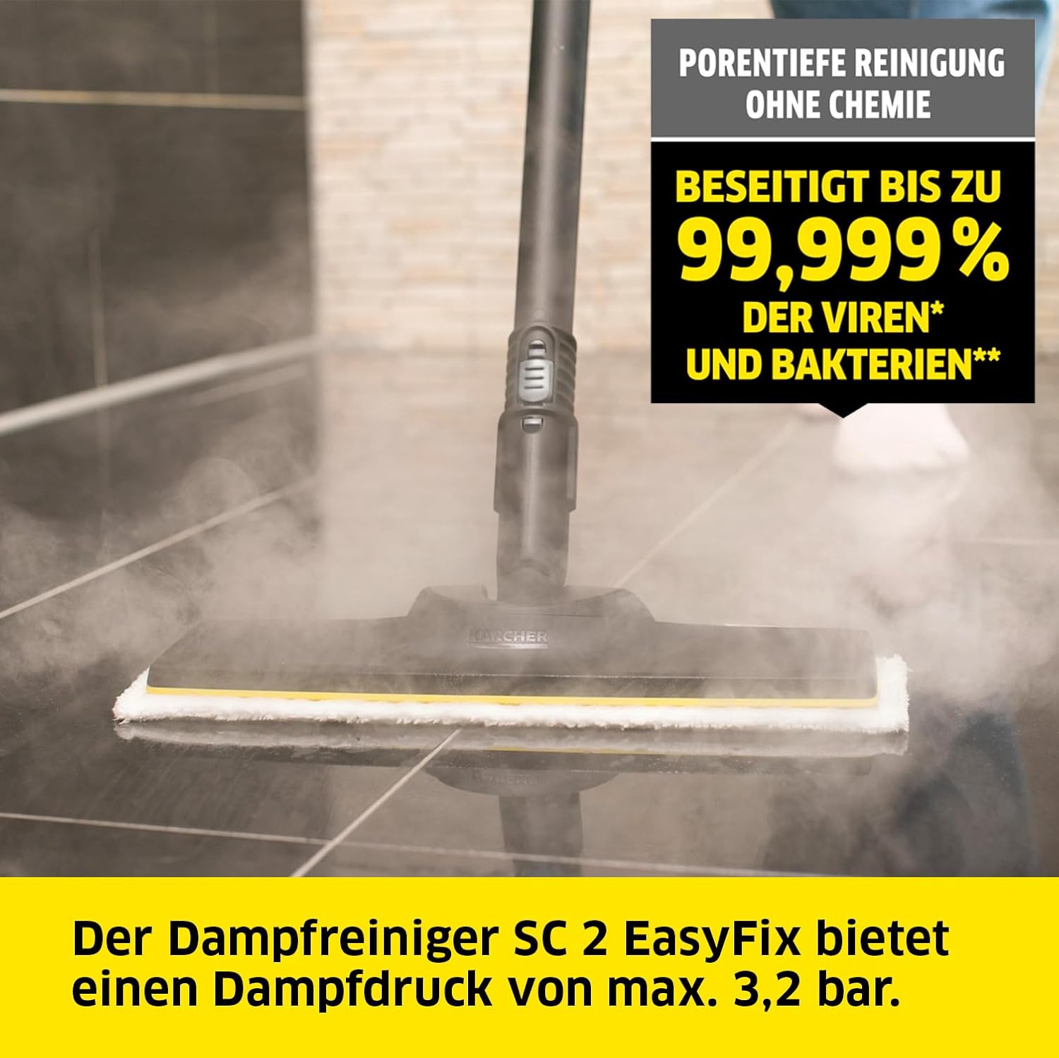 Kärcher Dampfreiniger SC 2 EasyFix, Dampfdruck: 3,2 bar, Aufheizzeit: 6,5 min., Leistung: 1.500 W, Flächenleistung: 75 m², Tank: 1 l, mit Bodenreinigungsset EasyFix, Düsen und Mikrofaserbezug, Weiss