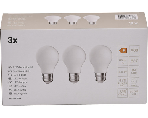 3x LED Lamp A60 E27/4.5W (40W) 470 lm 6500 K daglichtwit mat 3 stuks