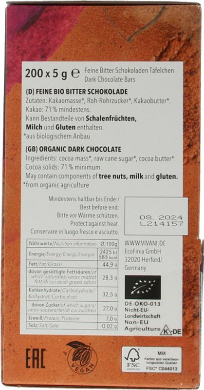 Vivani - Chocolade Naps - Puur - 5 Gram - 200 Stuks - Biologisch