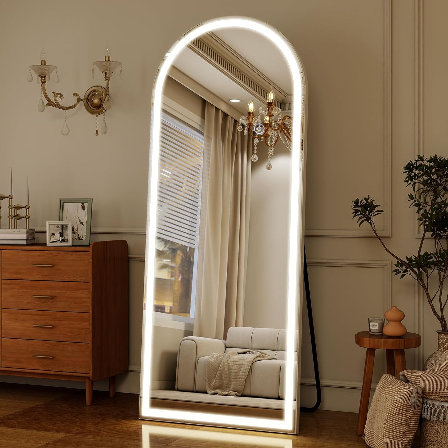Koonmi 165x60cm LED Ganzkörperspiegel mit Licht - Bogenförmiger Stand und Anlegespiegel - Dimmbar, 3 Farbtemperaturen für Schlafzimmer, Ankleidezimmer