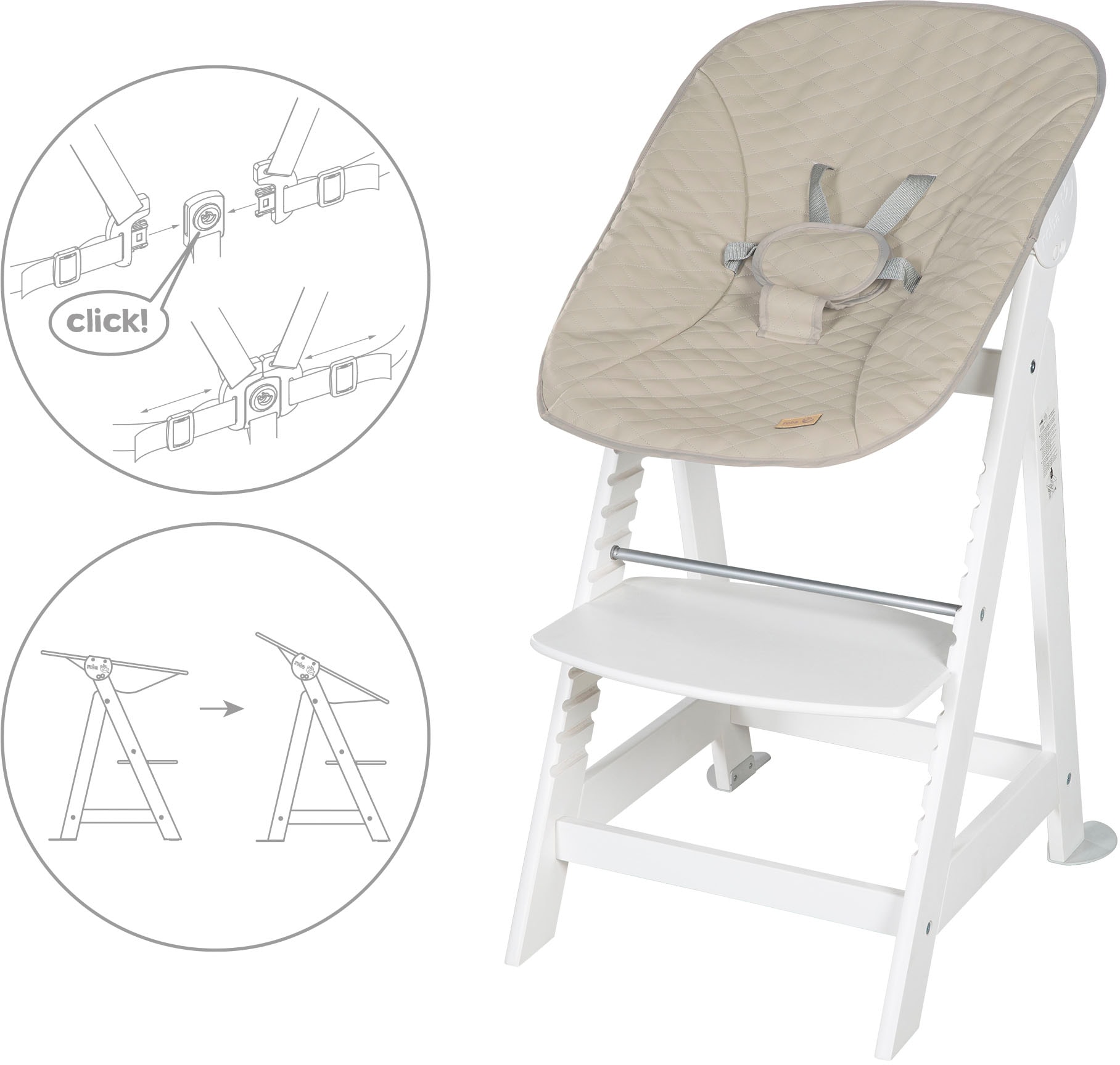 roba® Hochstuhl »Treppenhochstuhl 2-in-1 Set Born Up weiss« () mit Neugeborenen-Aufsatz, Greyish gesteppt