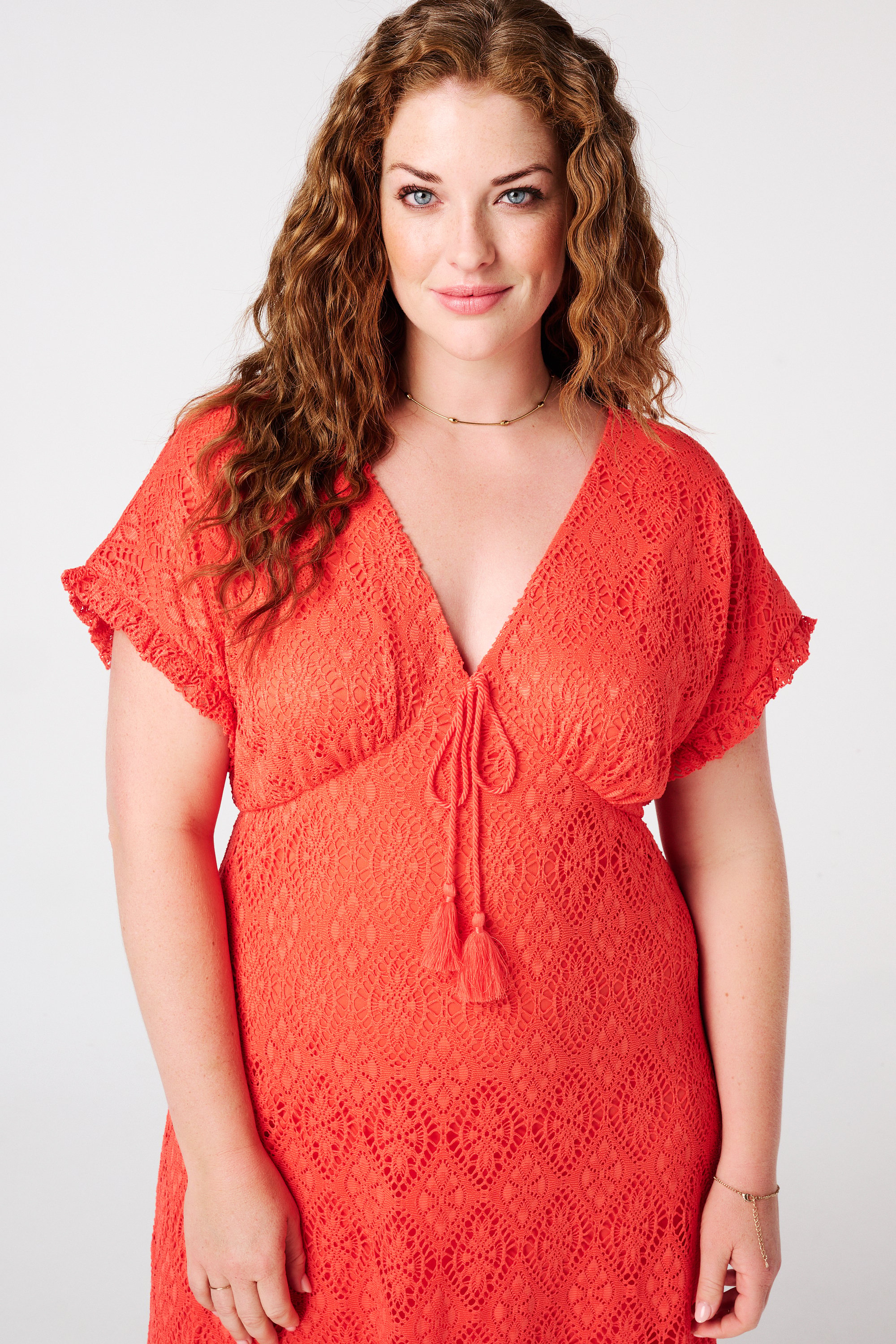 Maxi jurk met gehaakte look Koraal rood