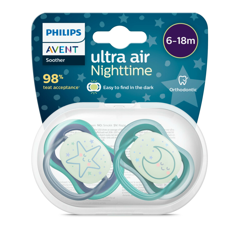 Philips Avent Fopspeen Ultra Air Nighttime 6-18 mnd Ster Maan2 stuks