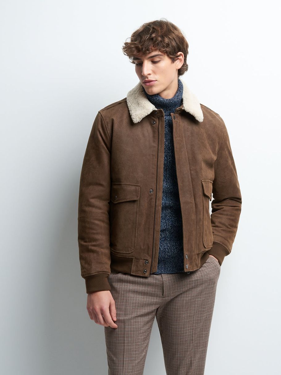 Blouson en cuir col sherpa