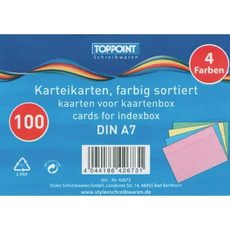 Stylex Karteikarten DIN A7, liniert, 150g/m², farbig, 1000 Stück