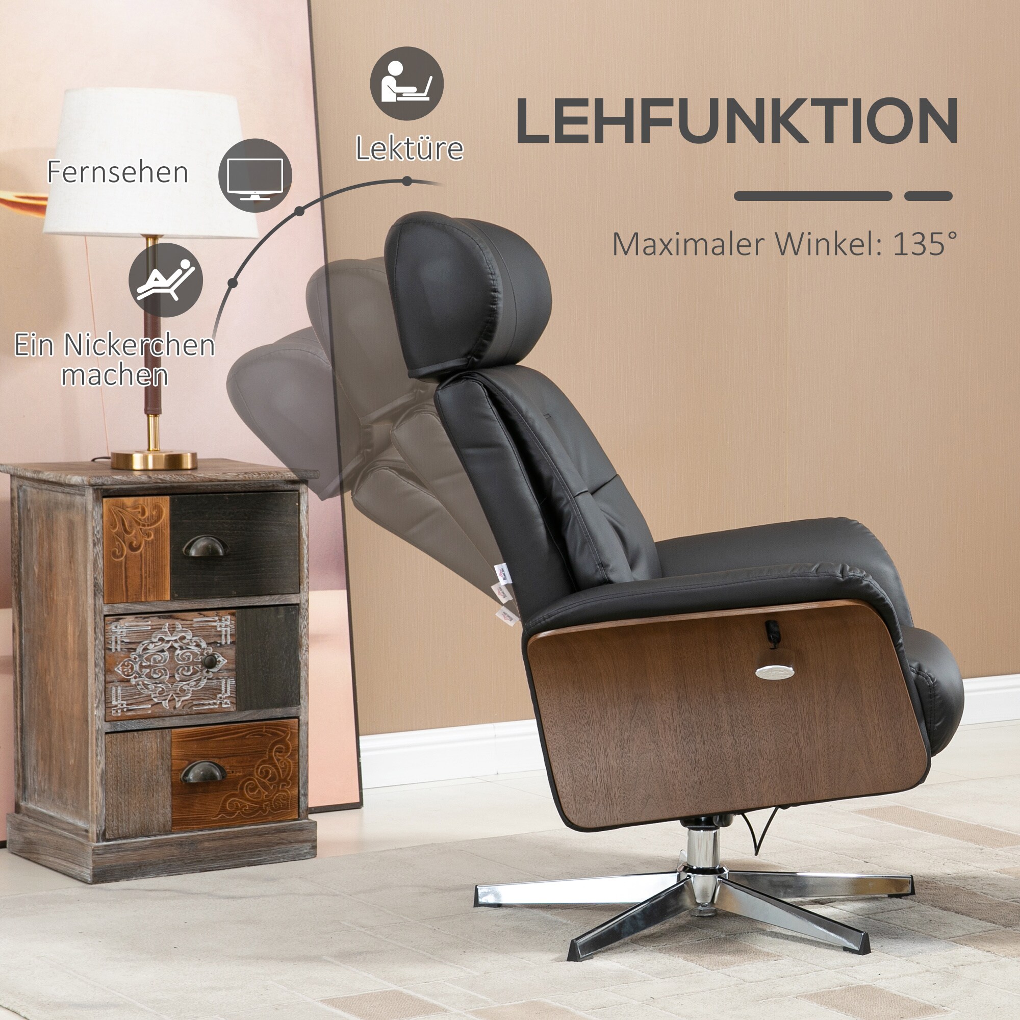 HOMCOM Liegestuhl mit Armlehne und Fußhocker schwarz 80L x 84B x 108H cm