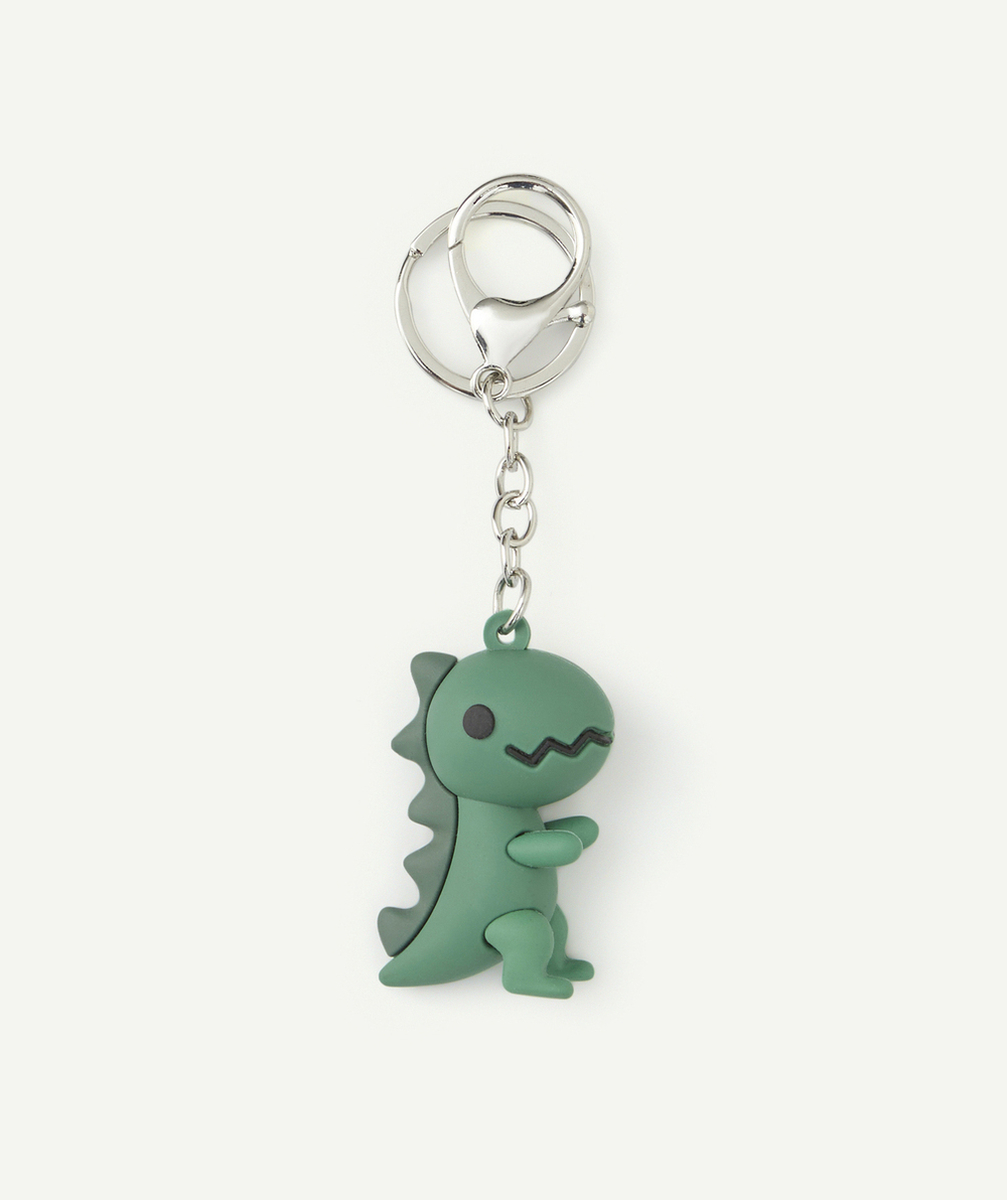 PORTE-CLÉS GARÇON COULEUR ARGENTÉE AVEC DINOSAURE VERT