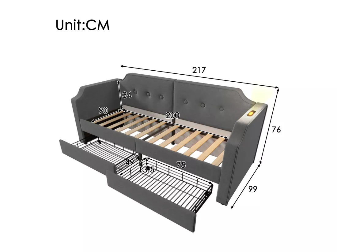 Lit banquette 90x200cm en velours - avec fonction recharge et LED - avec sommier à lattes - Gris