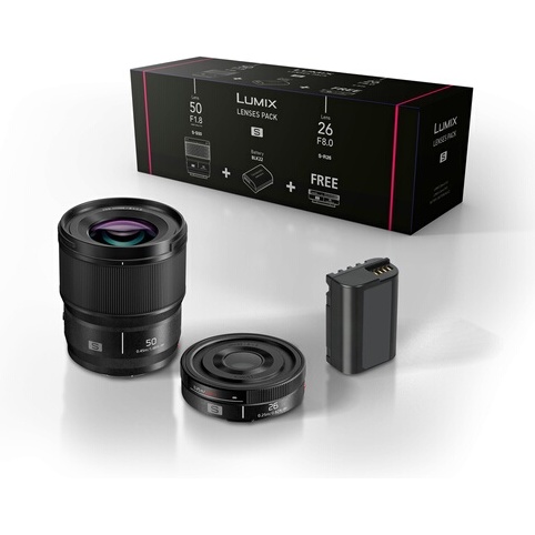 Objectif à Focale fixe Panasonic Kit Accessoires Optique fixe grand angle 26mm S-R26E + Optique fixe Portrait 50m f1.8m S-S50ME + Batterie  DMW-BLK22EB pour lumix S5 et S9