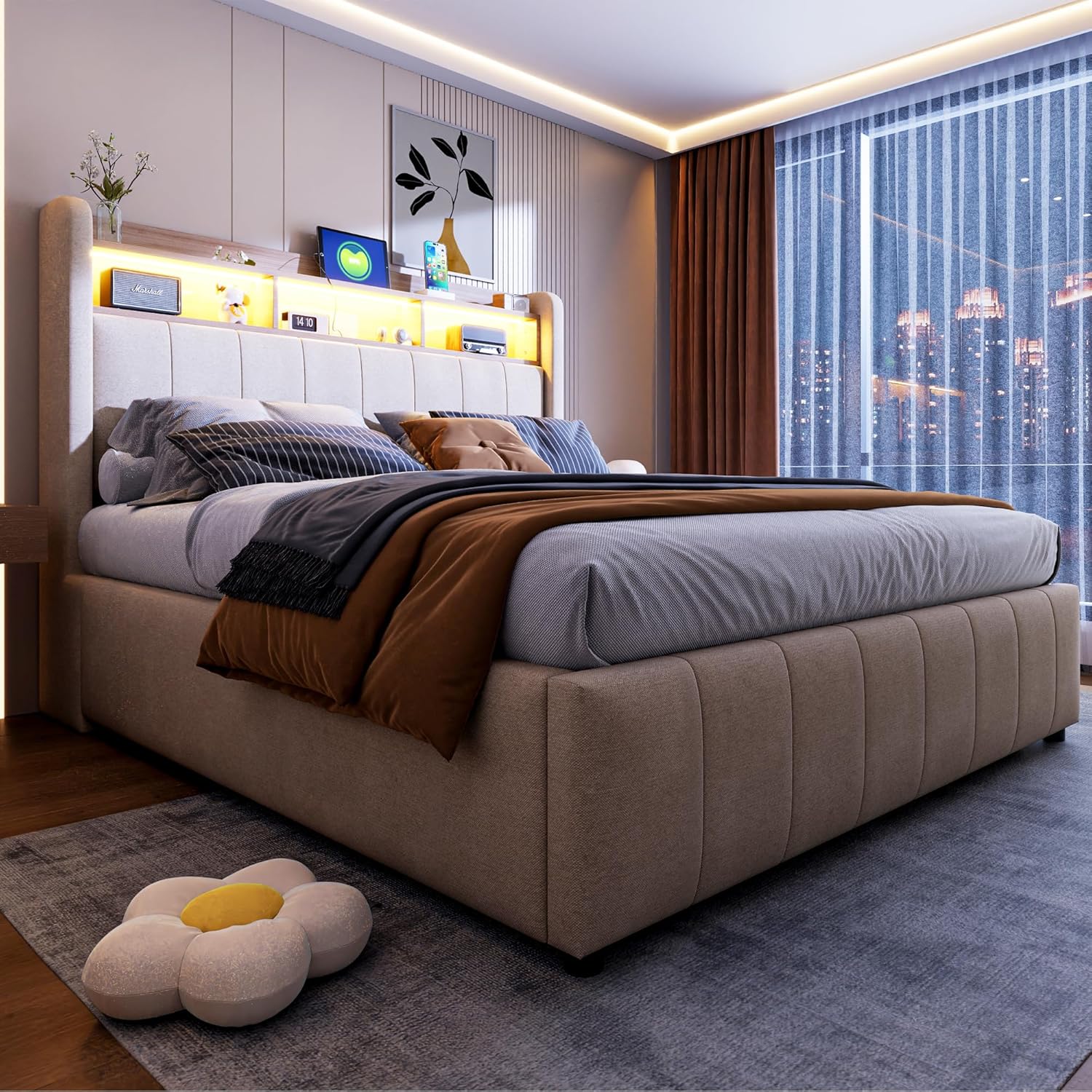 Ball & Cast Polsterbett (140x200cm) mit hydraulischem Stauraum, Doppelbett mit Beleuchtung und USB-Ladefunktion, Leinenstoff, Einfach & Zeitsparend Montierbar, Beige YD4357442