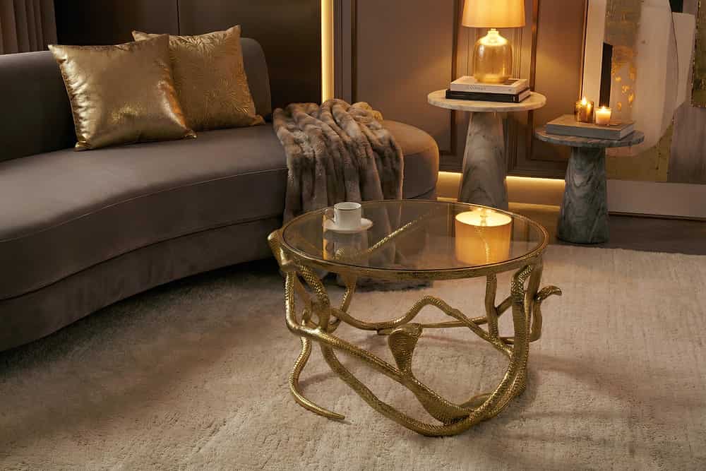 Extravaganter Couchtisch SNAKE 70cm gold rund Metall Schlangen-Skulptur Glasplatte