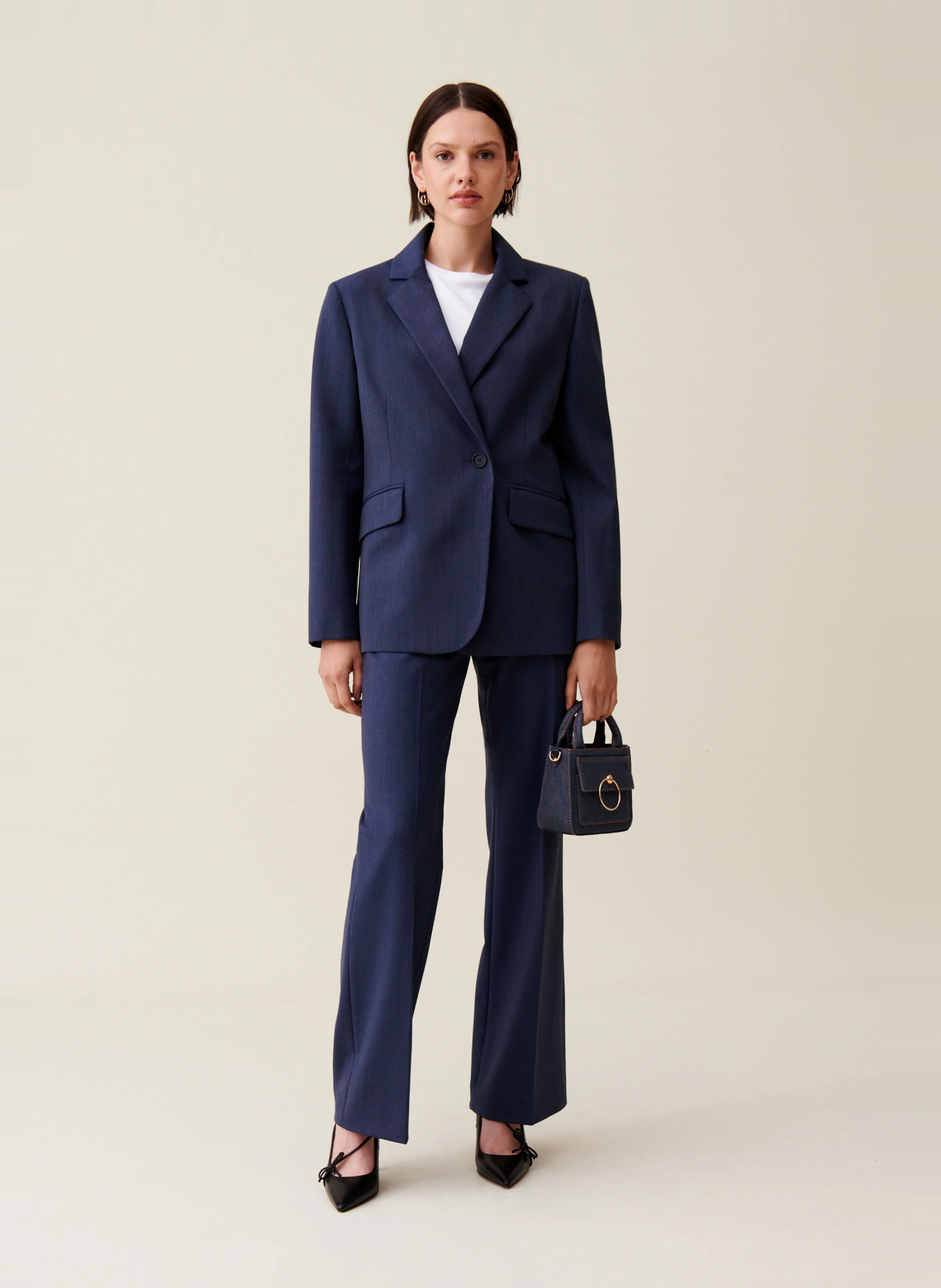 Veste de tailleur droite en laine mélangée | Bleu