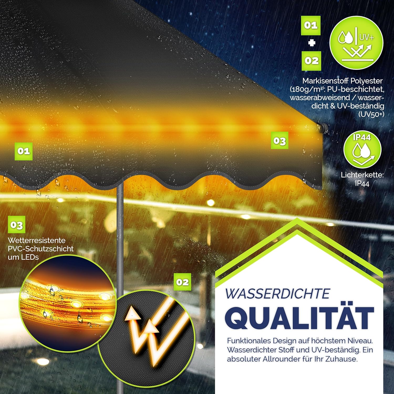 tillvex Klemmmarkise mit Handkurbel Balkon | Balkonmarkise ohne Bohren | Markise UV-beständig & höhenverstellbar | Sonnenschutz wasserdicht (Anthrazit mit LED, 250cm)