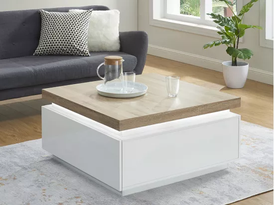 Table basse HALO II - 2 tiroirs - MDF laqué - Avec LEDs - Blanc et Chêne