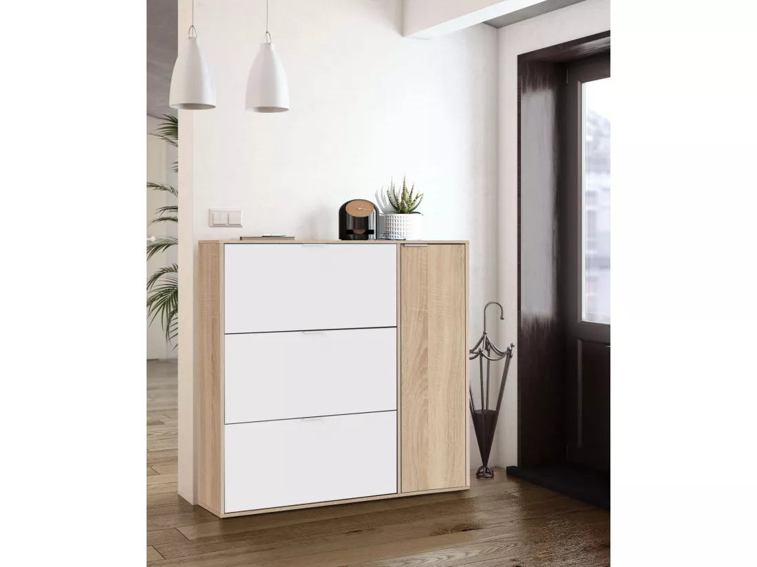 Étagère à chaussures Dmagnino, armoire à chaussures 4 portes, armoire basse polyvalente avec 5 étagères, étagère à chaussures moderne, 106x22h115 cm, chêne et blanc