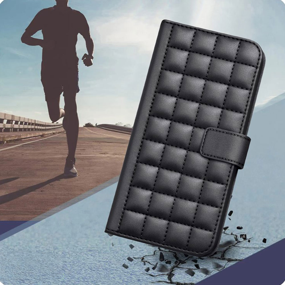 iPhone 16e Leder Tasche Flip Cover Kartenfächer Gittermuster   Handschlaufe - Schwarz