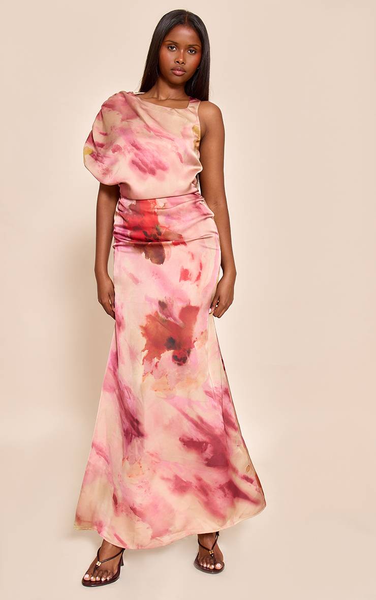 Rose Robe Longue Imprimée À Détail Froncé Asymétrique