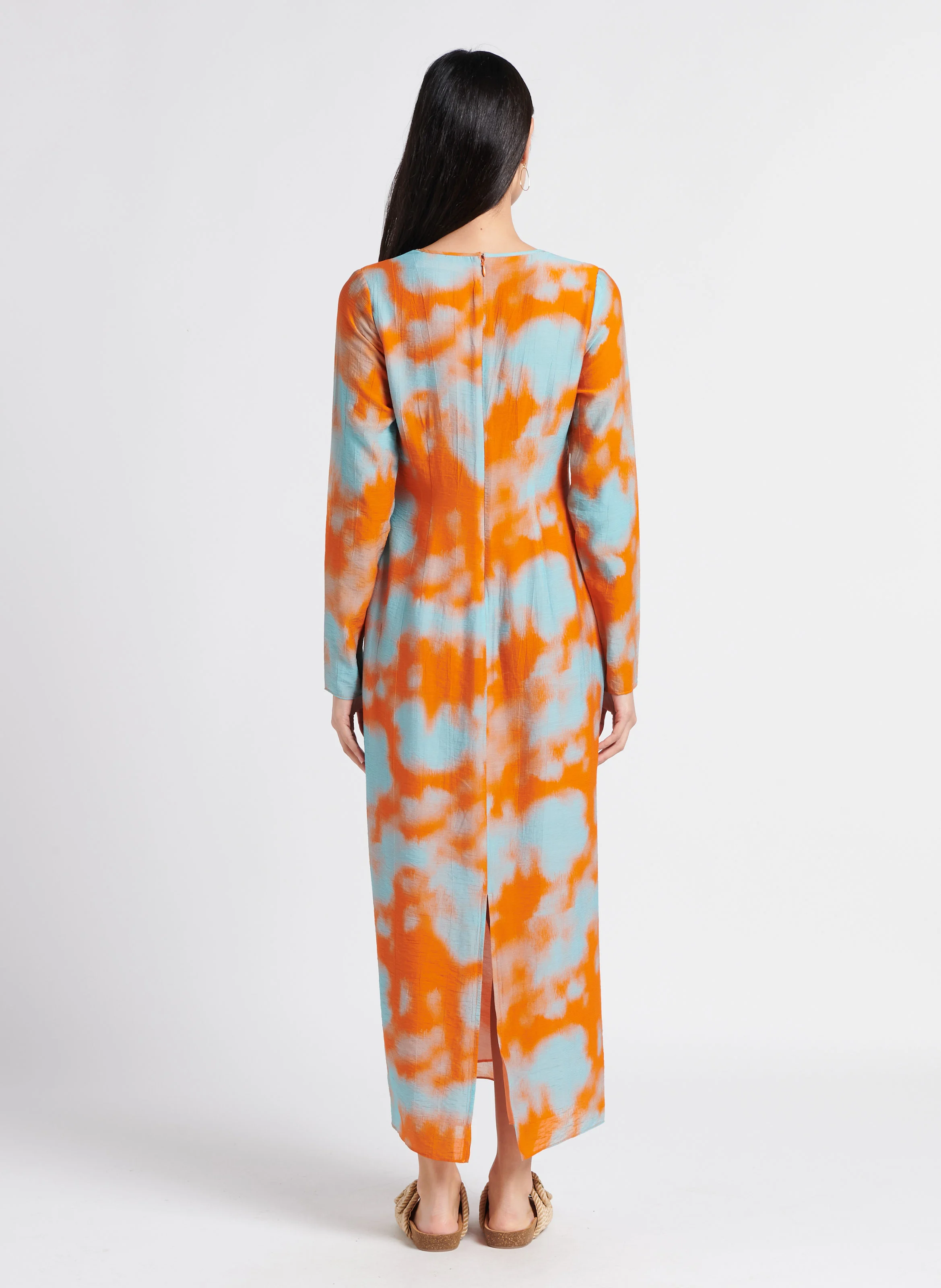 ALINA - Robe longue col rond imprimée| Orange