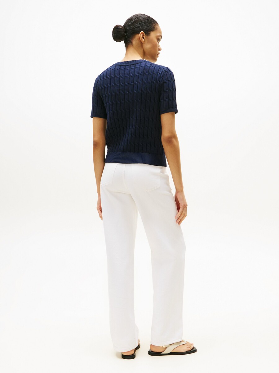 TOMMY HILFIGER<br>Suéter de tricô com gola redonda e mangas curtas