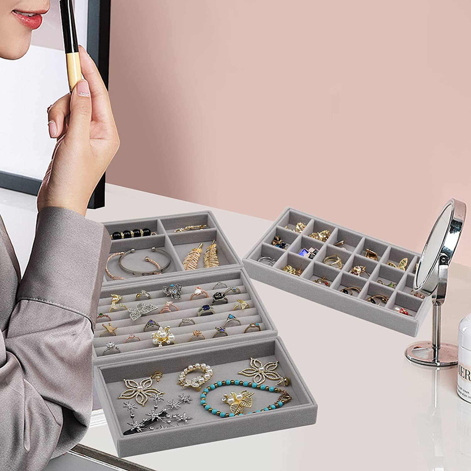 (21x12x3cm) Velour Schmuckschatulle Aufbewahrungsbox Organizer für Ringe / Ohrringe / Armbänder - Style 6 / Grau