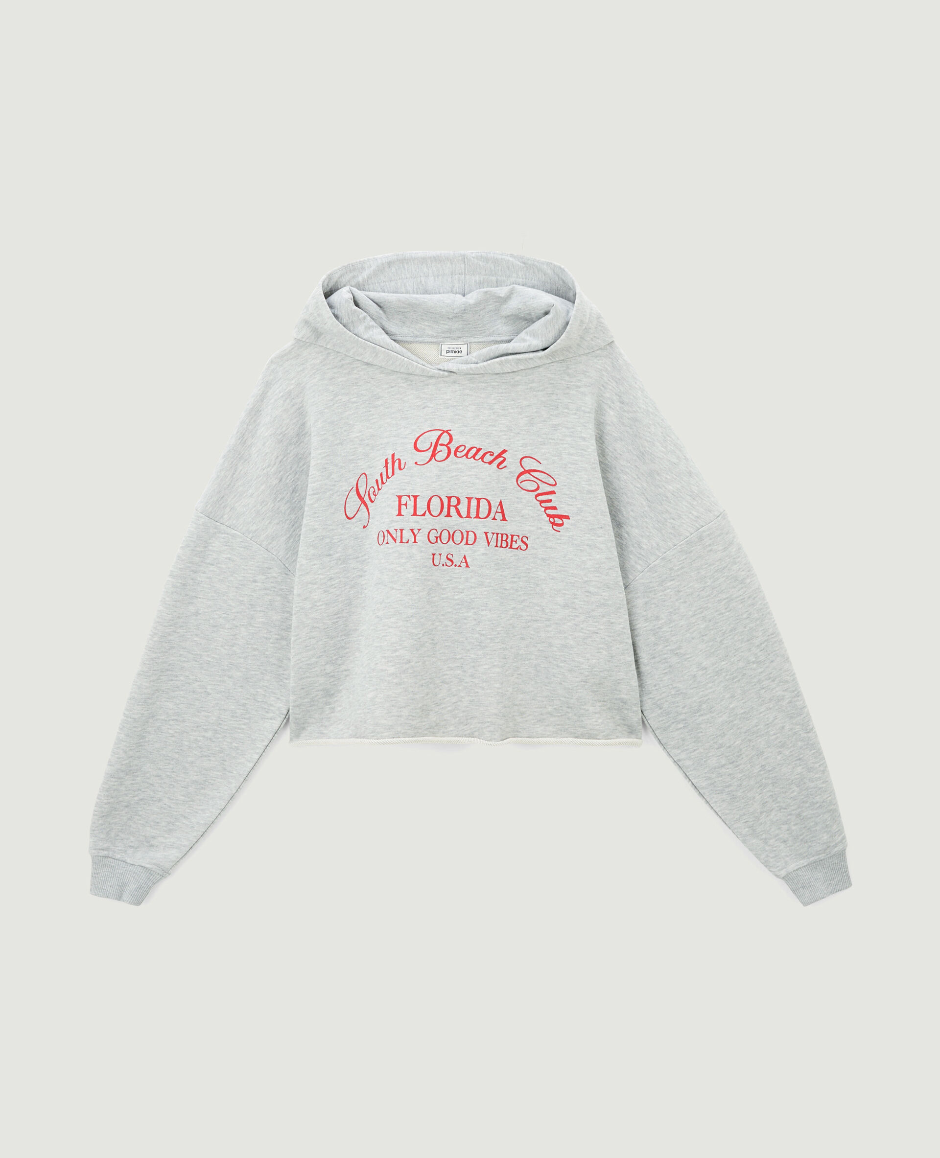 Sweat capuche cropped avec print devant - Gris chiné
