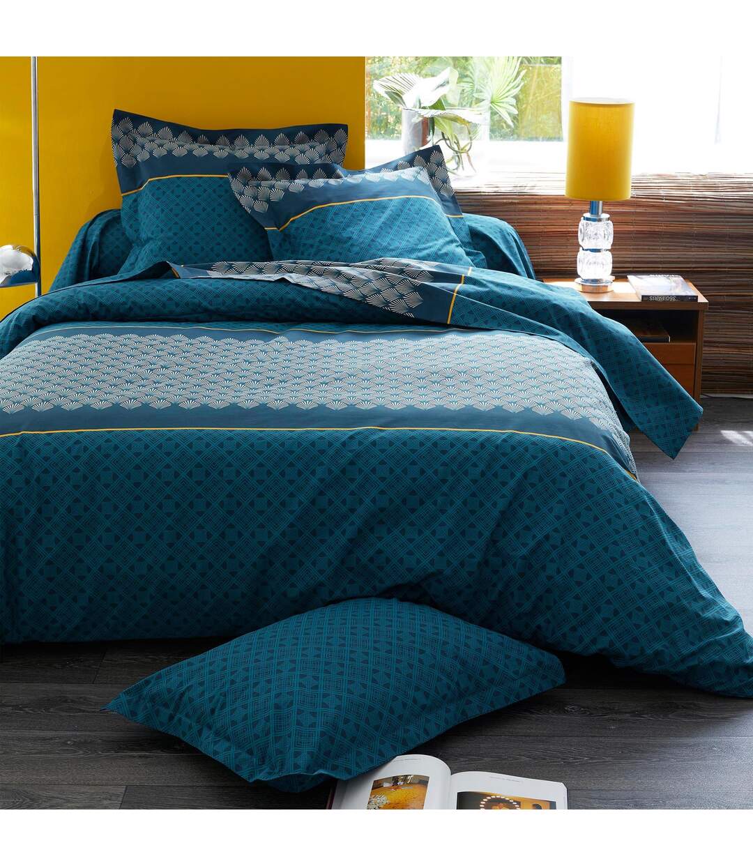 Drap housse imprimé 90x200 cm coton TALISMAN bleu paon Bonnet 40 cm