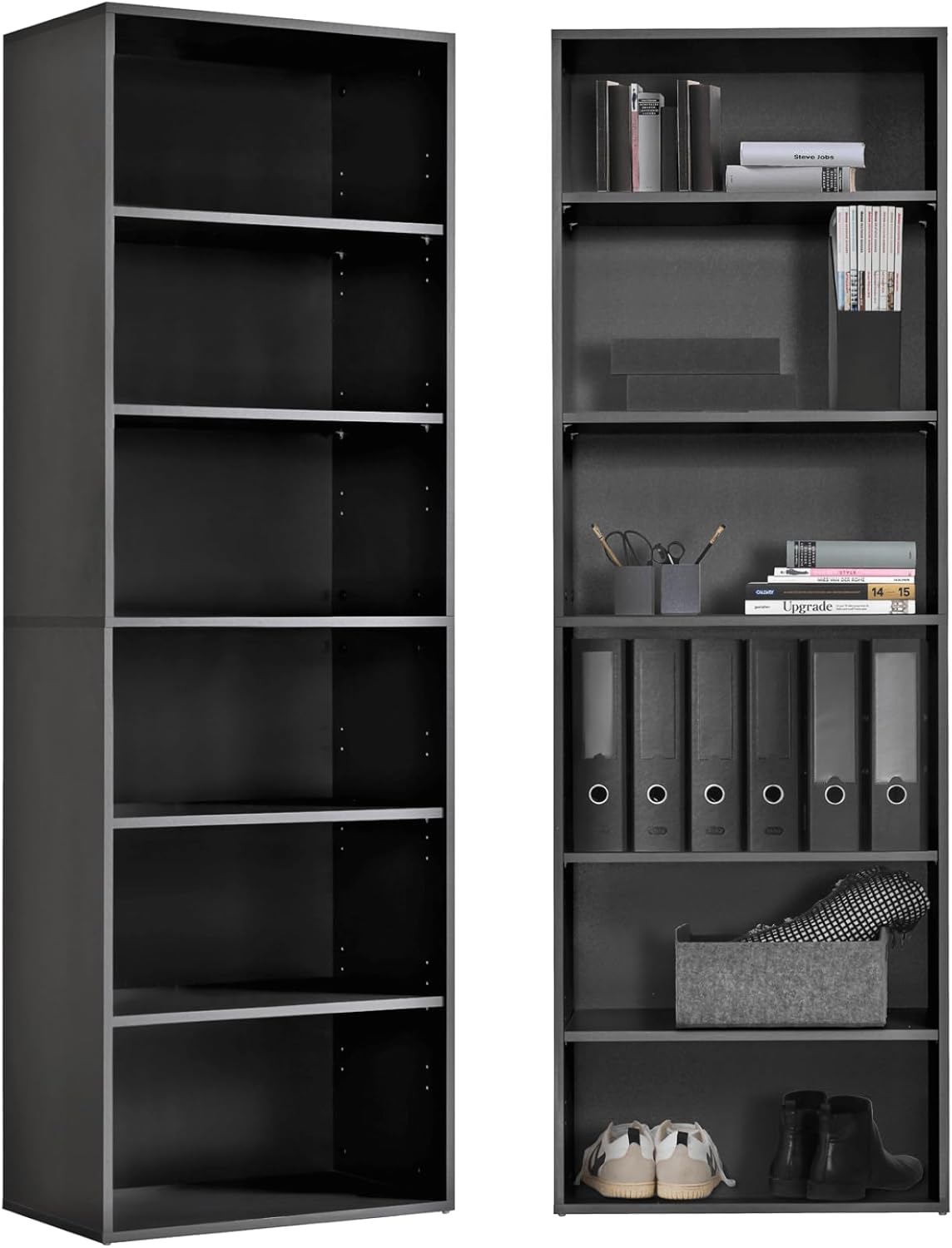 mokebo® Bücherregal Schwarz, Grau BZW. Anthrazit aus Holz 'Der Bücherwurm', Schuhregal, Holzregal, Aktenregal, Standregal fürs Wohnzimmer, Büro, Kinderzimmer, Regal groß für die Wand, 60cm Breite