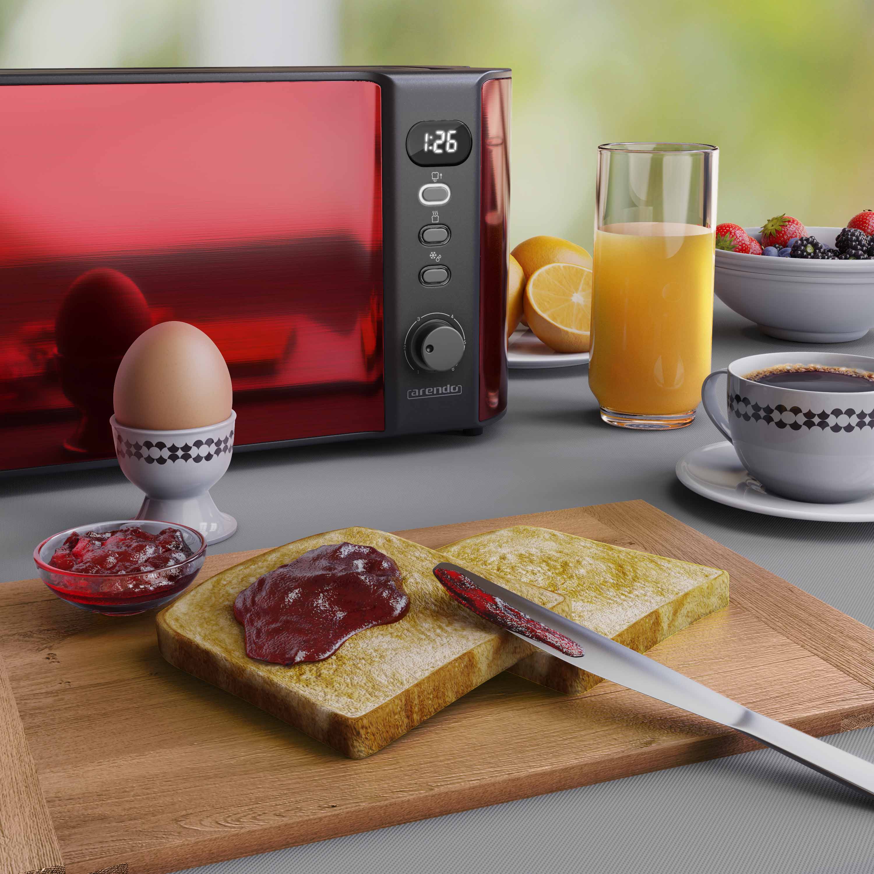 Arendo Toaster Langschlitz für 2 Scheiben, 1000 W, Brötchenaufsatz, Wärmeisoliert, Display, rot