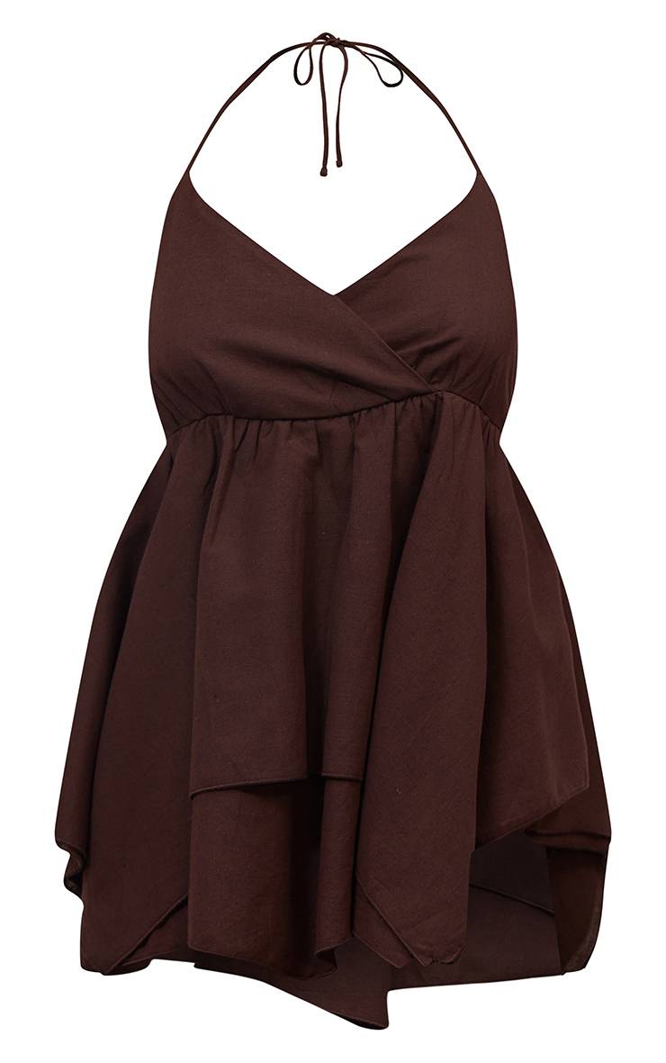 Chocolat Top Caraco À Volants En Mélange Coton Lin