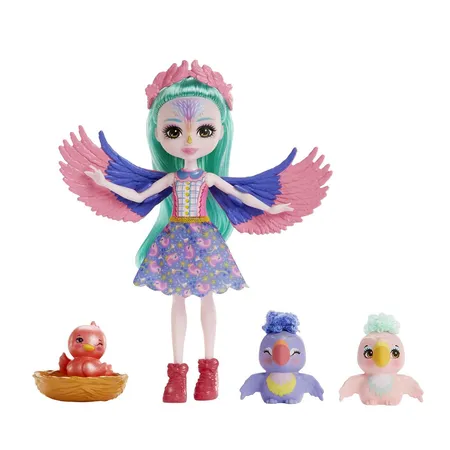 Mattel Enchantimals City Tails Filia Finch Familie, Puppe mit 3 Tier-Figuren