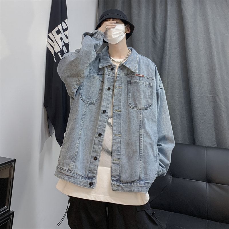 Bay Go Mall - Gewassen denim jack met kraagprint en knoopjes