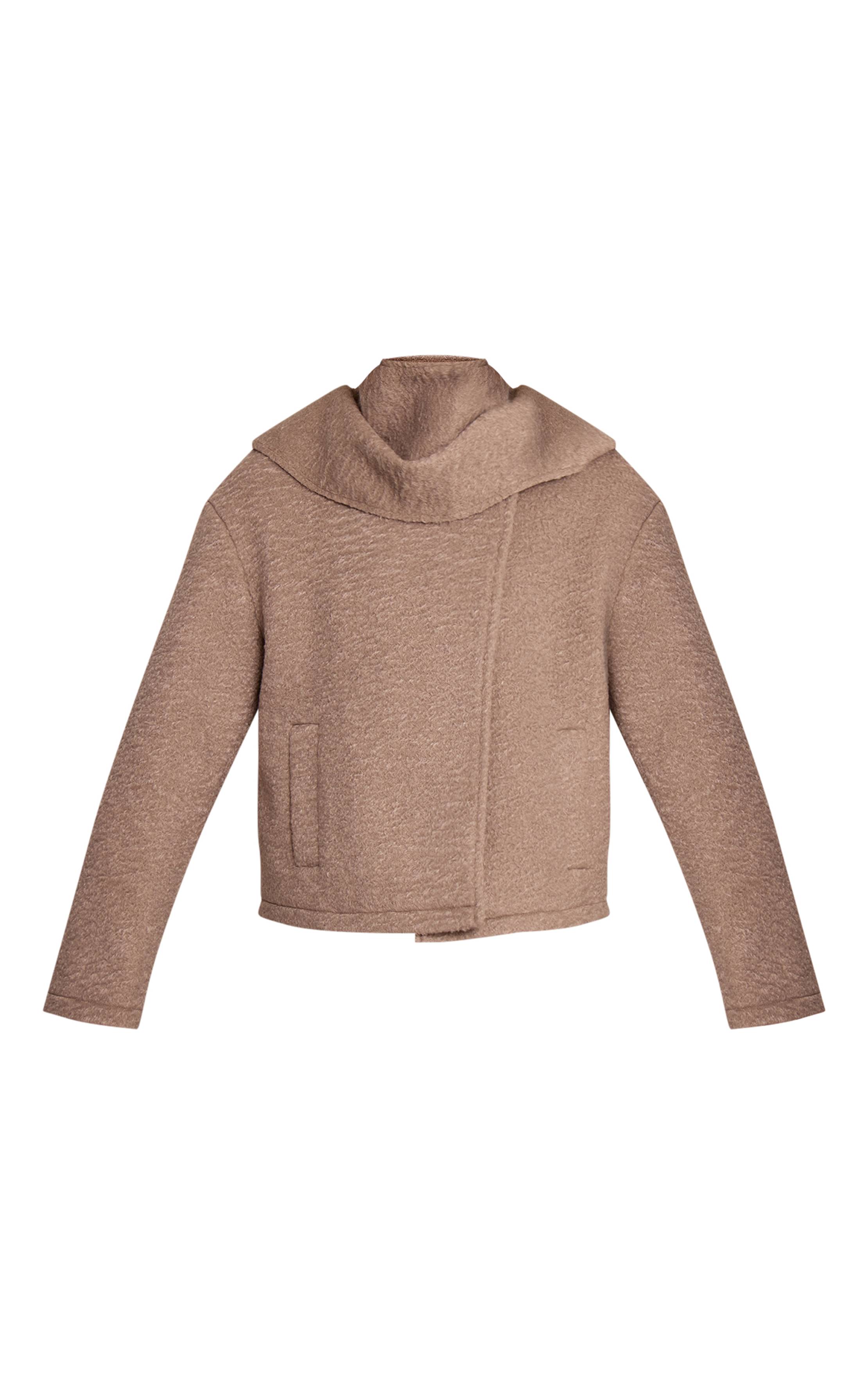 Taupe Manteau Bouclé À Col Écharpe