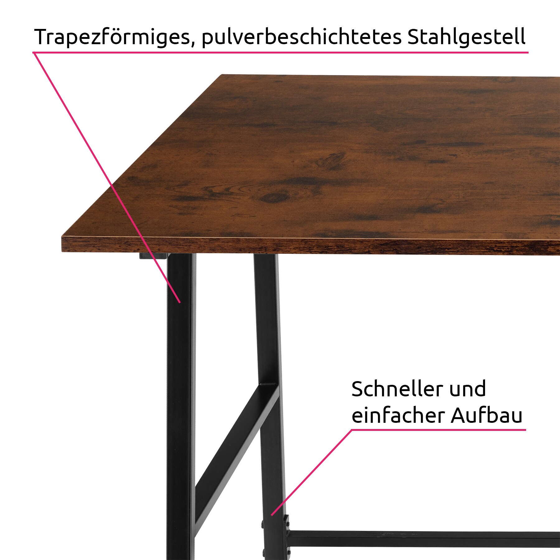 tectake® Schreibtisch, Industrial Style, trapezförmiges Gestell, Seitenregal mit 2 Ablagefächern, 120 x 50 x 73,5 cm