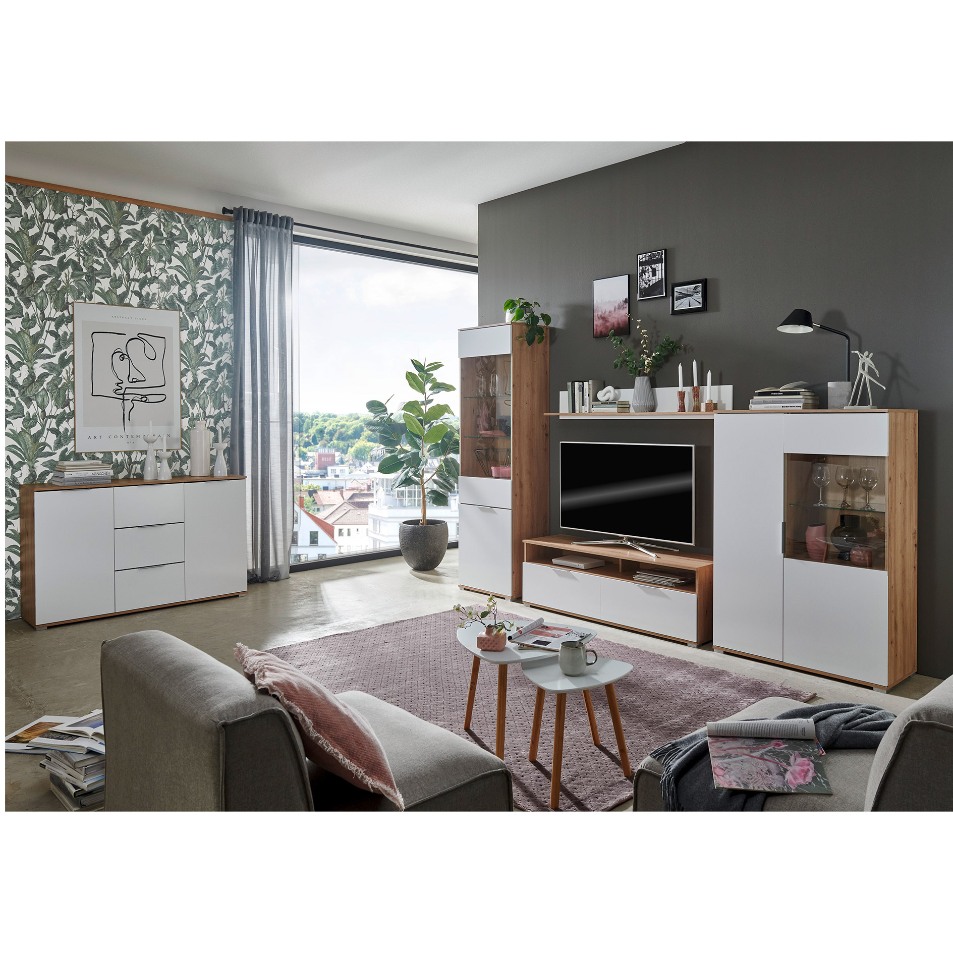 Standvitrine - weiß Glanz - Artisan Eiche - 195 cm hoch