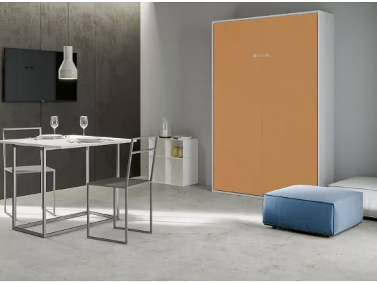 Lit escamotable vertical frêne blanc et porte orange kanto 140x190