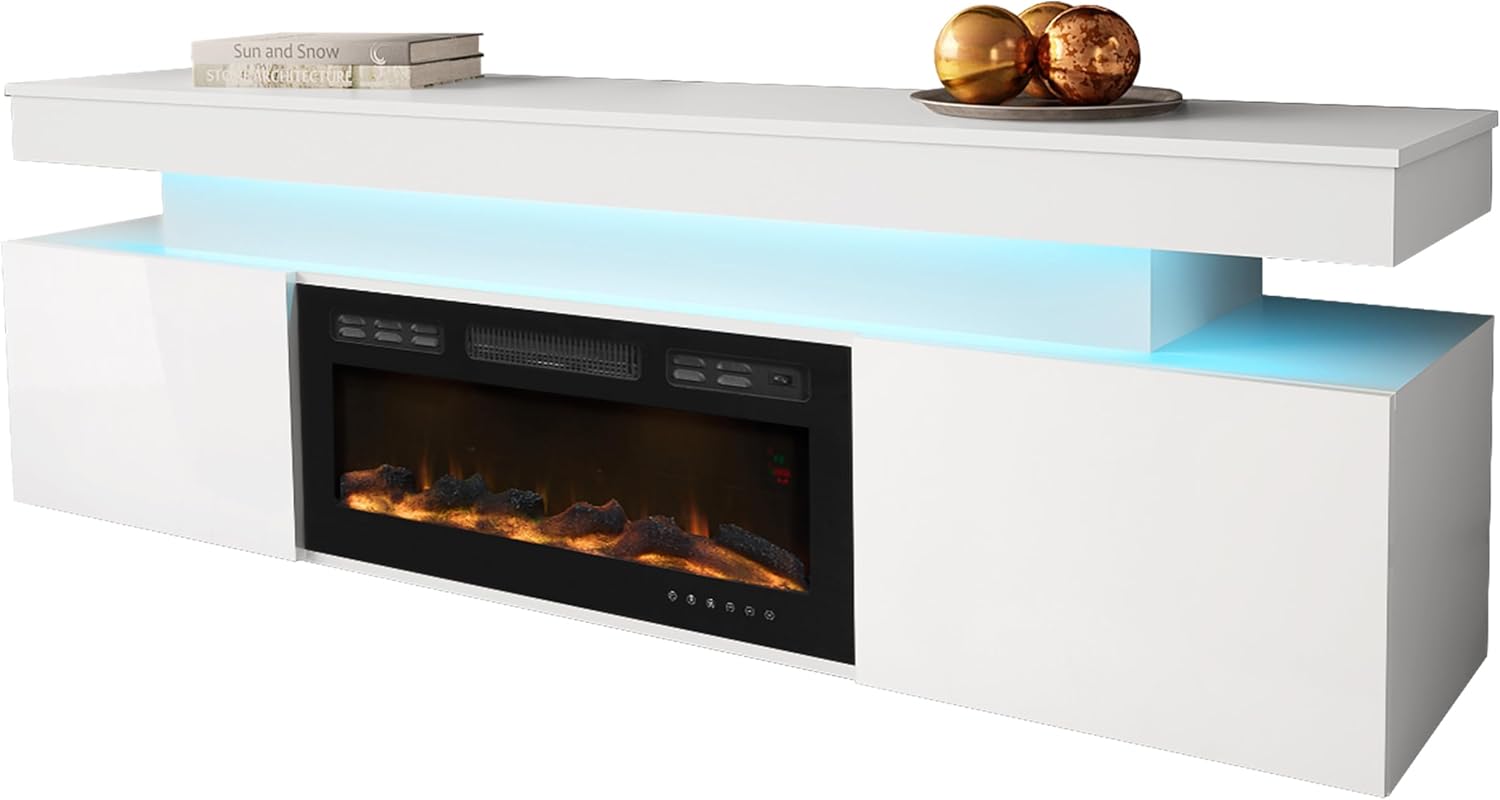 Mirjan24 TV Schrank Serkuzo EF 2D mit Elektrischem Kamin, Praktischer Fernsehschrank, TV Lowboard mit Grifflose Öffnen, Realistische LED-Flamme (Weiß/Weiß Hochglanz)