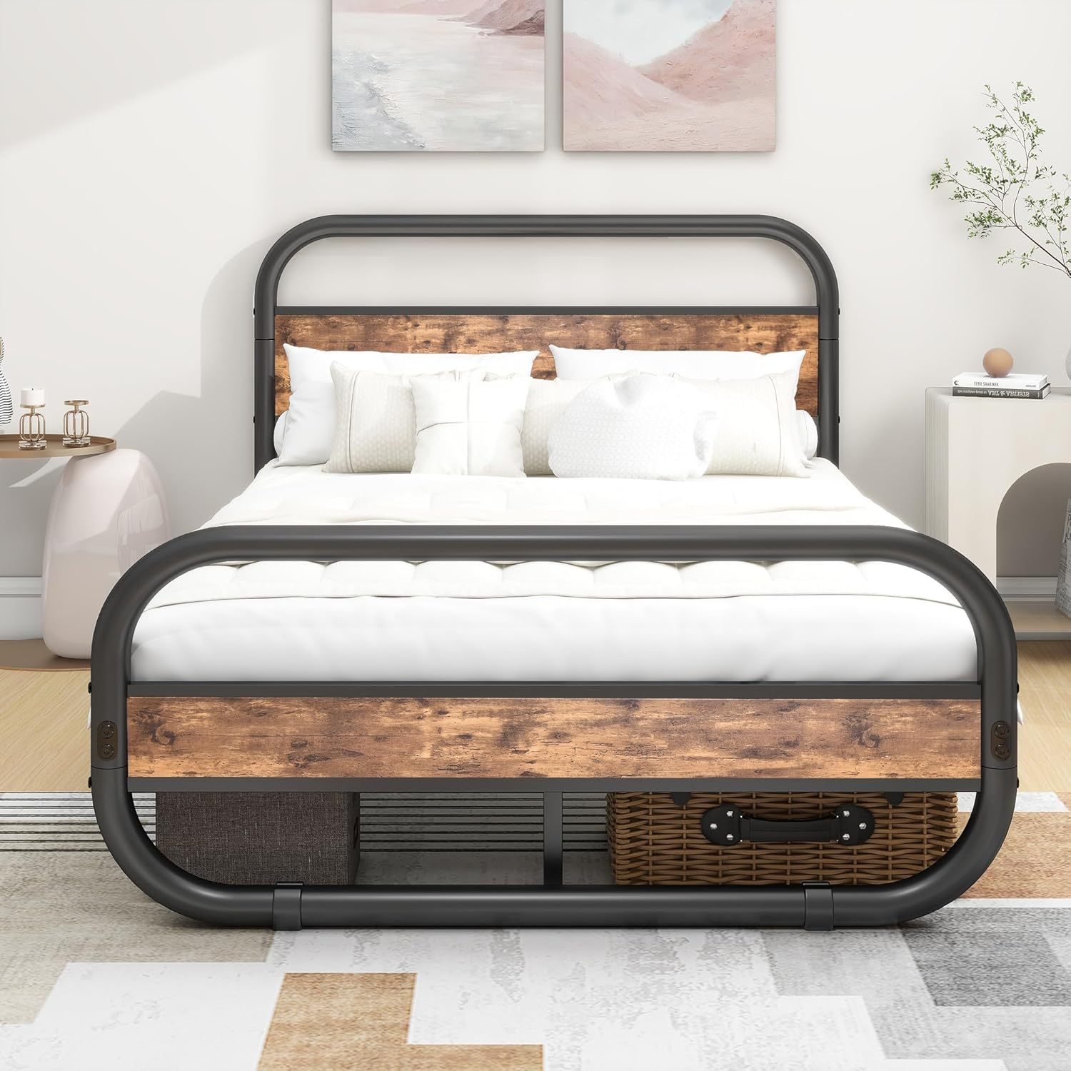Bettrahmen Holz Doppelbett Gästebett Metallbett 120x200 Bettgestell aus Metall,Jugendbett mit Lattenrost Kopfteil,für Schlafzimmer Gästezimmer | Braun