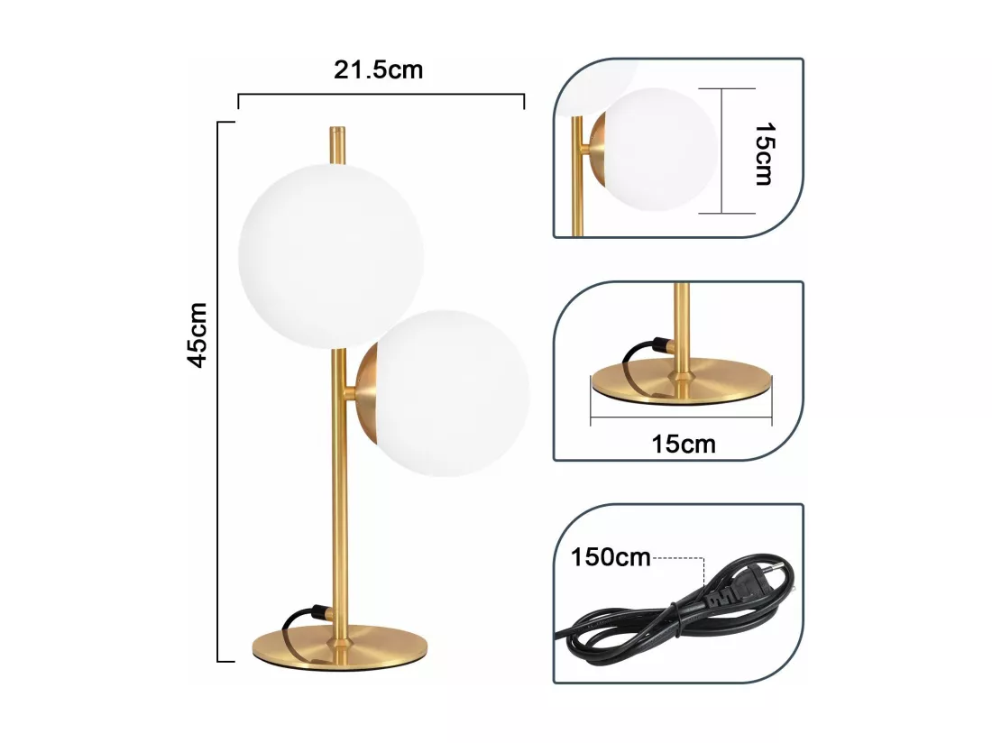 NETTLIFE lampe de table lampe de chevet moderne industrielle dorée 2 ampoules avec interrupteur design métal en verre blanc E27