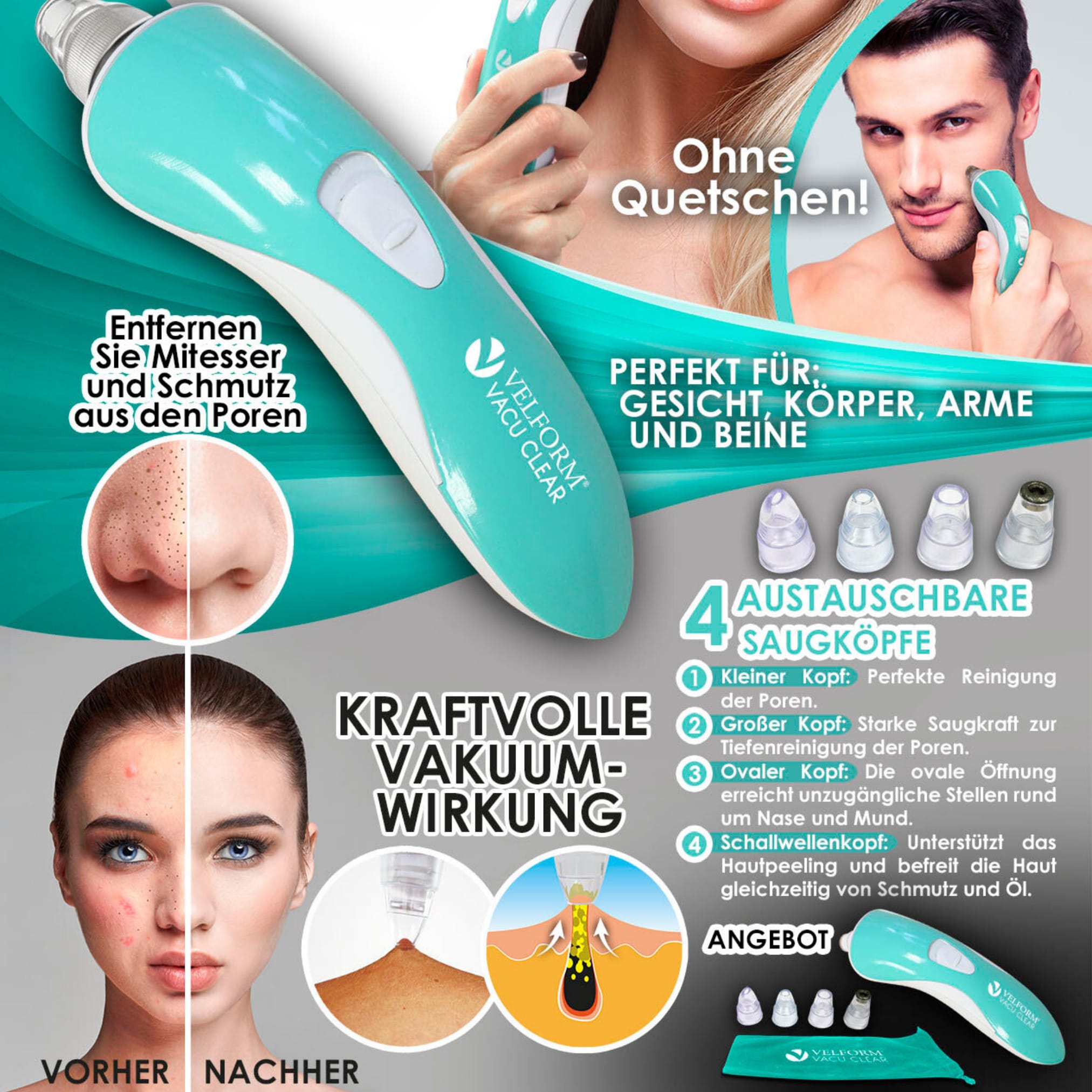 Velform® Mitesserentferner - Porenreiniger Gesicht - Porensauger Vacu Clear