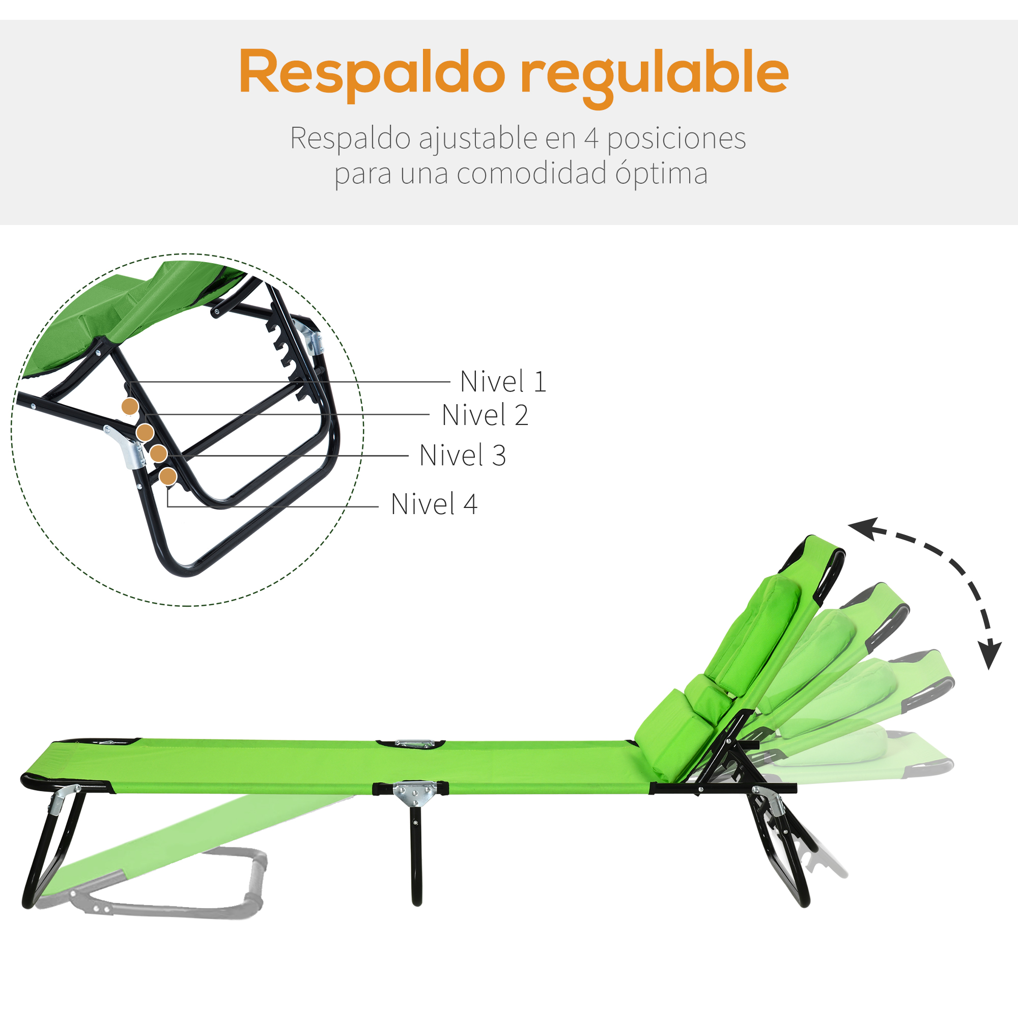 Espreguiçadeira dobrável Outsunny com encosto ajustável em 4 posições, espreguiçadeira de jardim com almofada, estrutura de aço e tecido Oxford para camping, praia e terraço, capacidade de carga de 120 kg, 190 x 56 x 28 cm, verde.