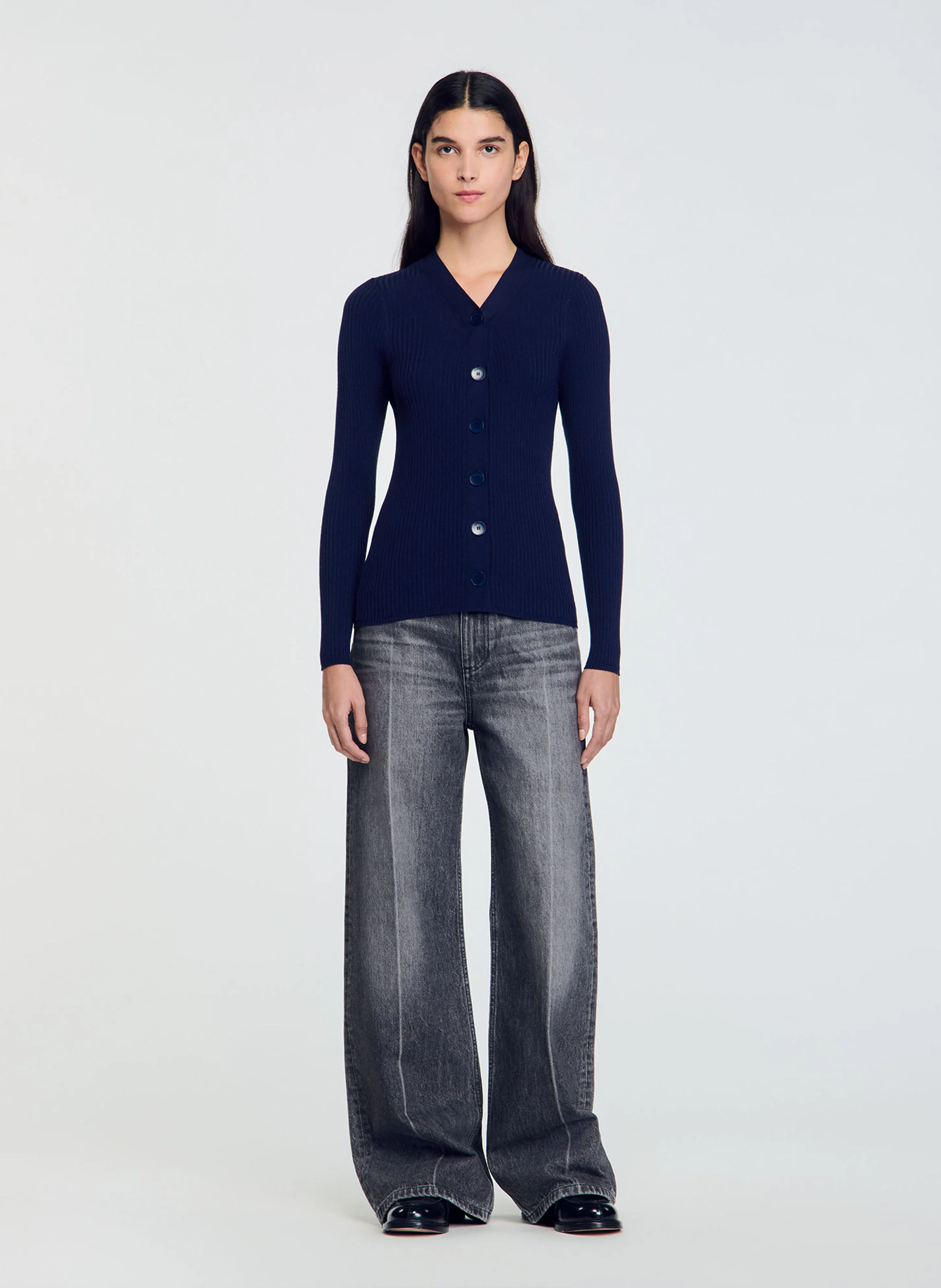 Cardigan droit encolure V en maille | Bleu