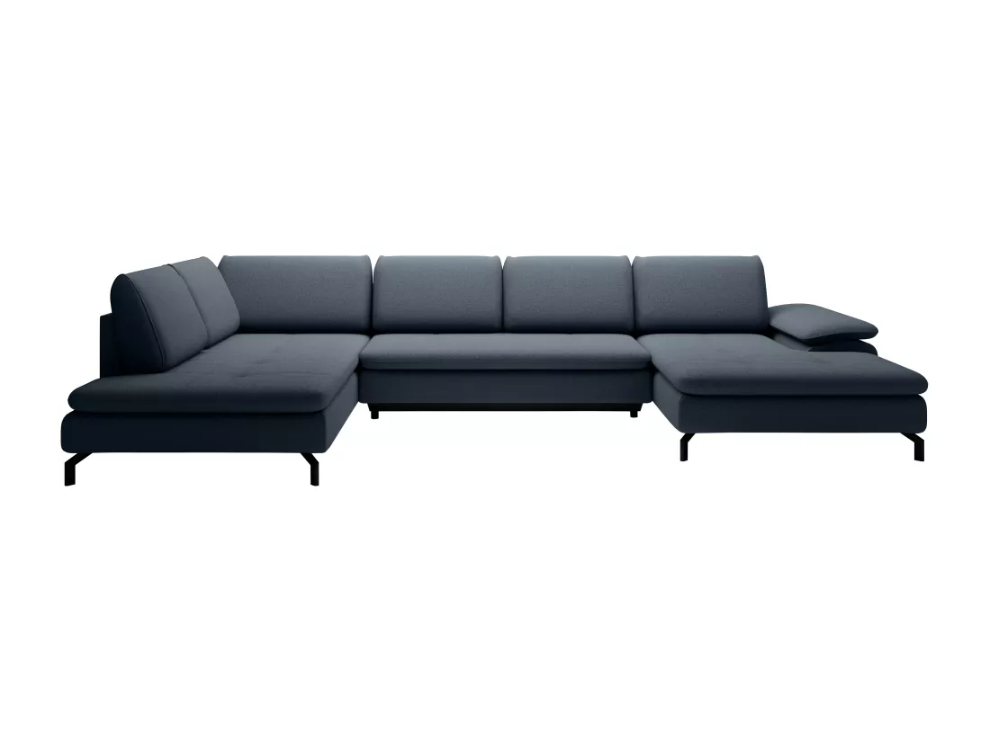 Grand canapé d'angle gauche panoramique convertible en tissu texturé bleu ARCHIBALD