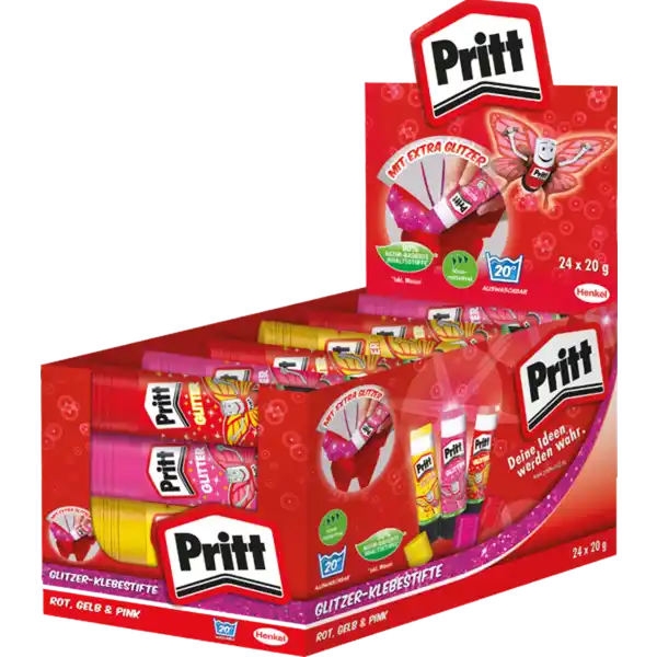 Glitzer Klebestifte Gelb, Rot, Pink