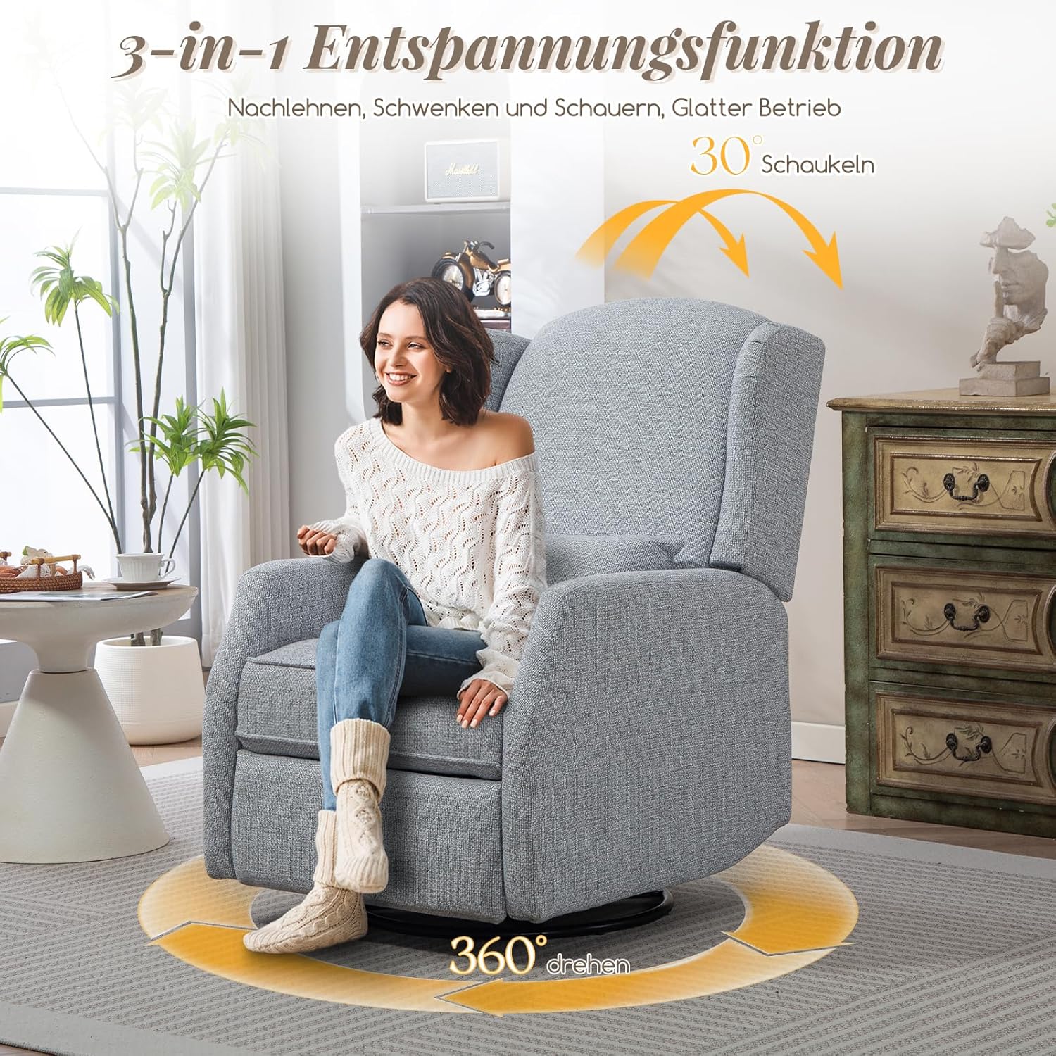 Relaxsessel mit Liegefunktion, 360°Drehbarer Fernsehsessel Wohnzimmer, Schaukelstuhl mit gepolsterte Lordosenstütze, TV Sessel Wippfunktion, Manuell Verstellbar(Grau) Grau