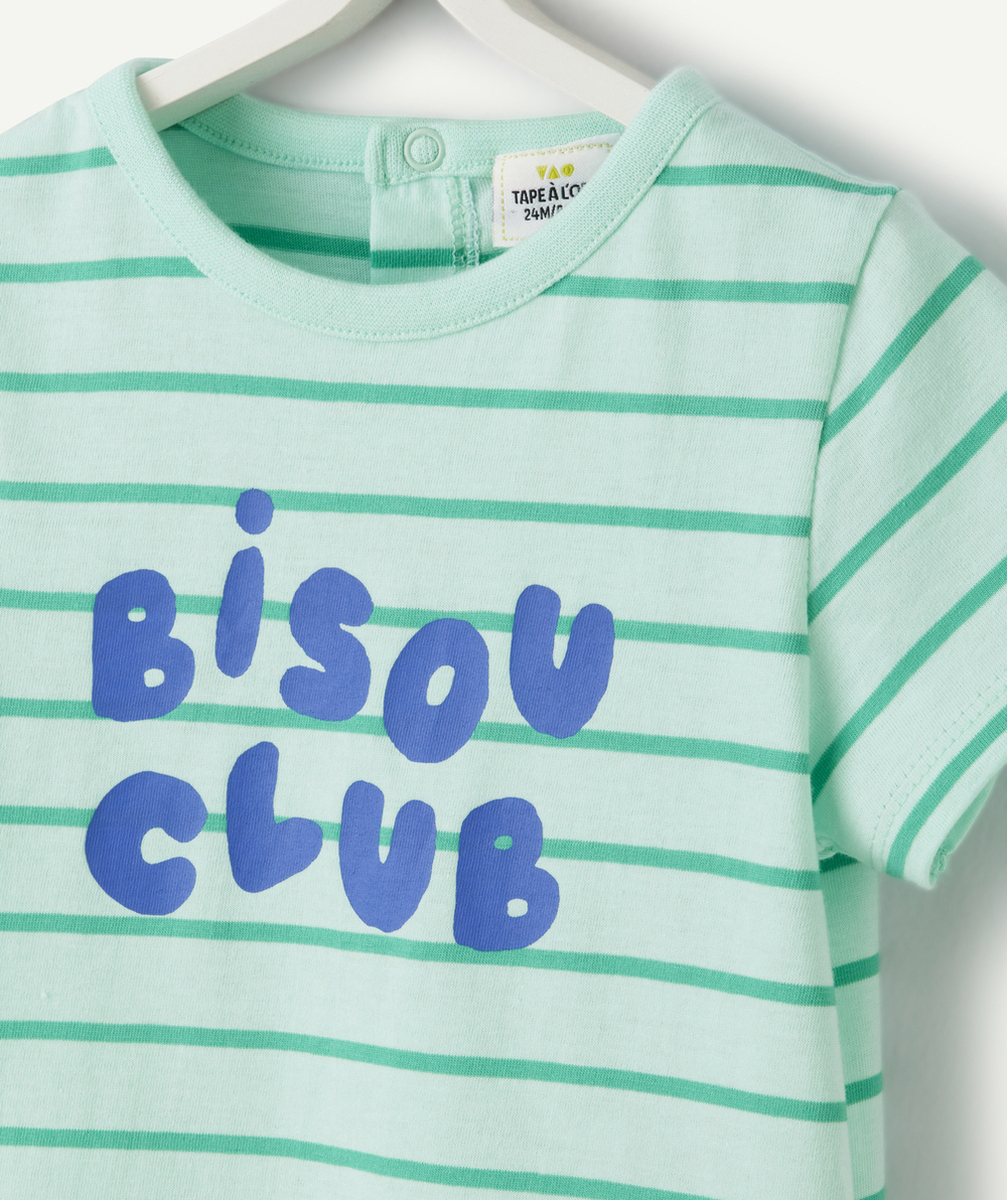 t-shirt bébé garçon en coton bio vert à rayures thème bisous