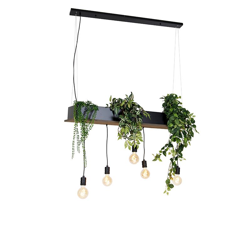 Landelijke hanglamp zwart met hout 5-lichts - Flair
